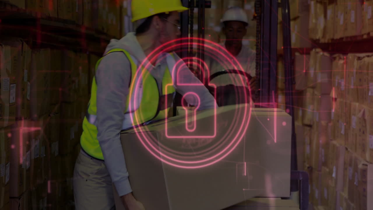 Workers in warehouse carrying boxes with digital lock animation overlay