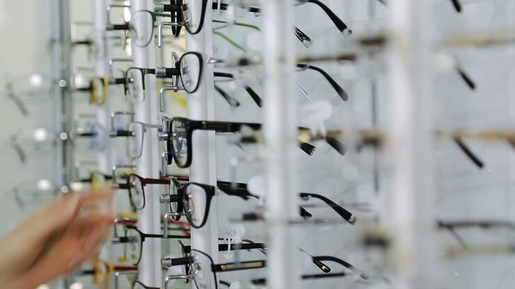 Girl choosing glasses. Young woman choosing glasses in optician store