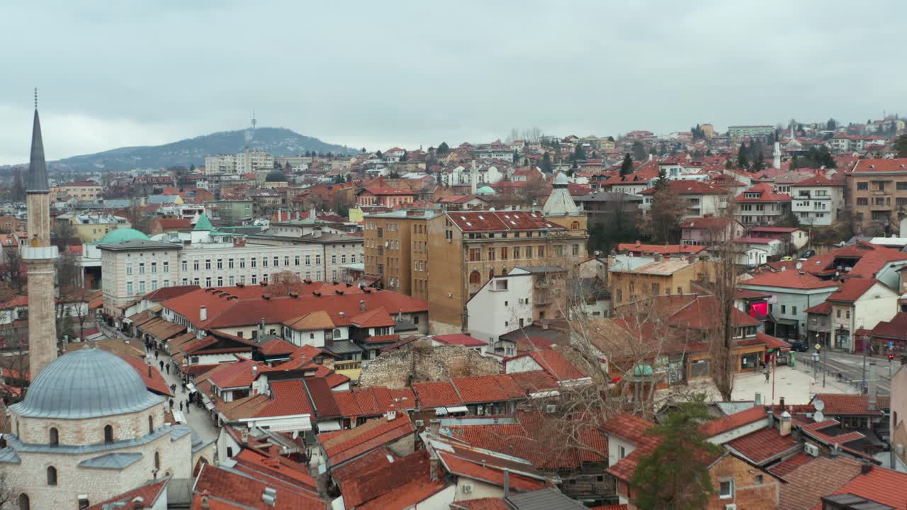 Cityscape Of Sarajevo, Bosnia and Herzegovina - aerial pullback