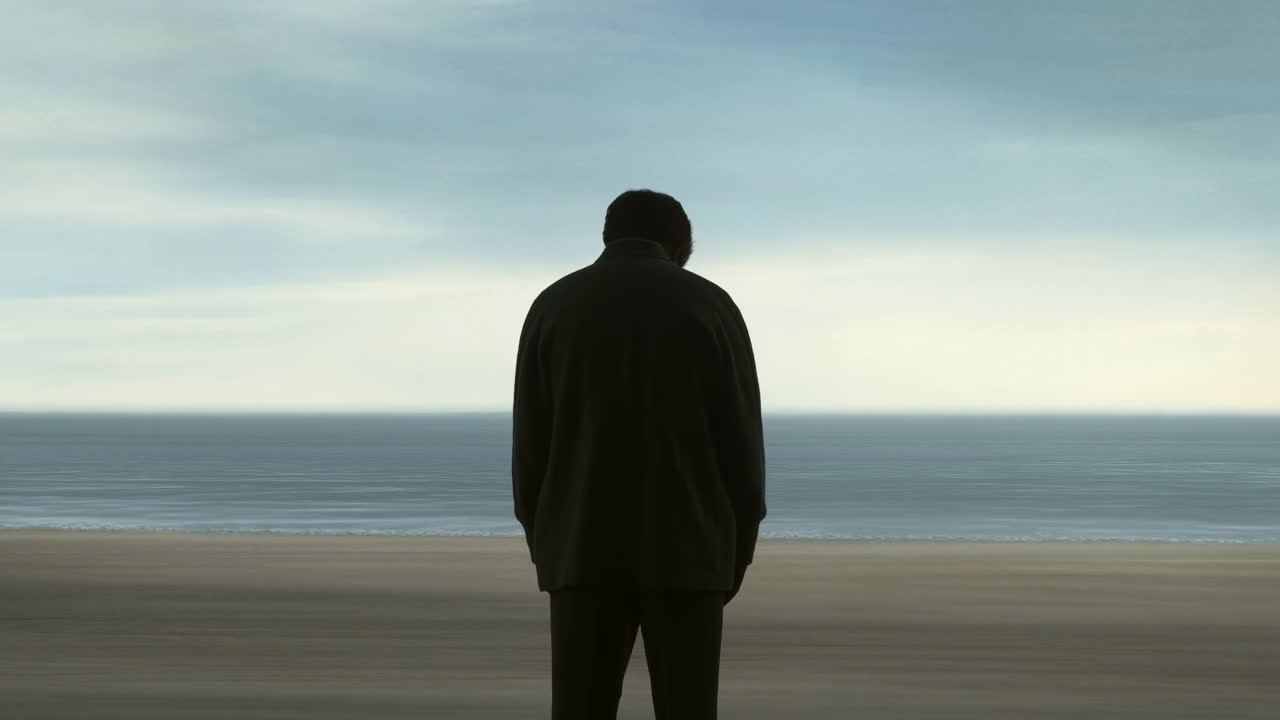 Silhouette of Person Standing on Beach Looking at Ocean Horizon
