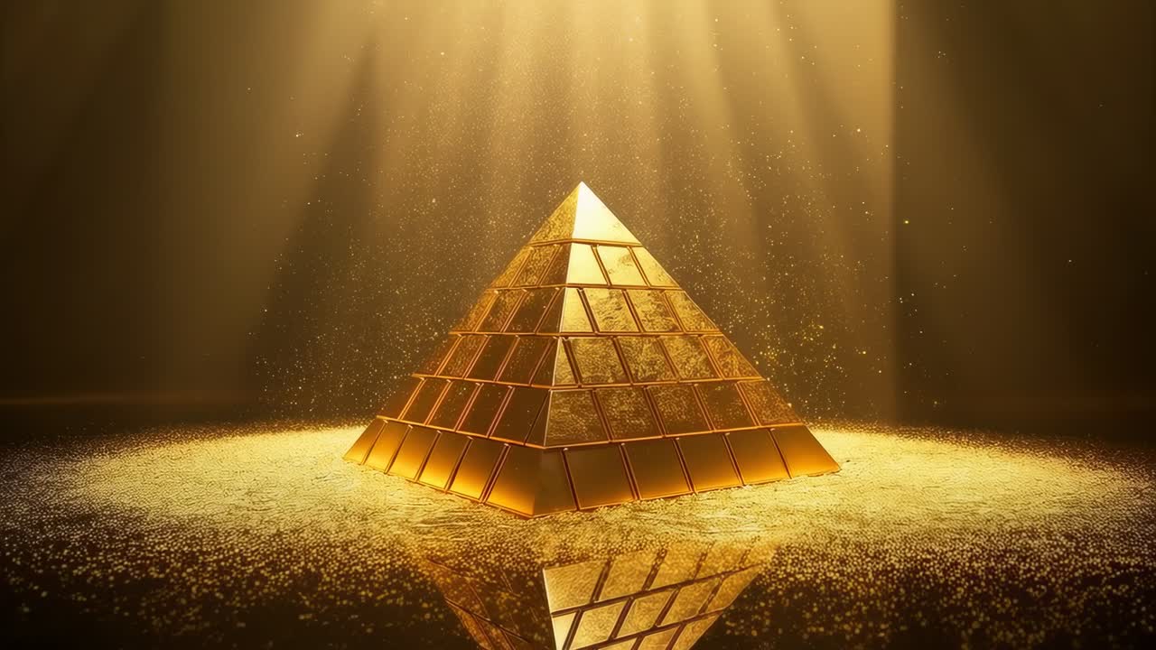 Zářící zlatá pyramida z dlaždic odrážející se na zrcadlové podlaze, přičemž horní paprsky se zesilují a částice stoupají
