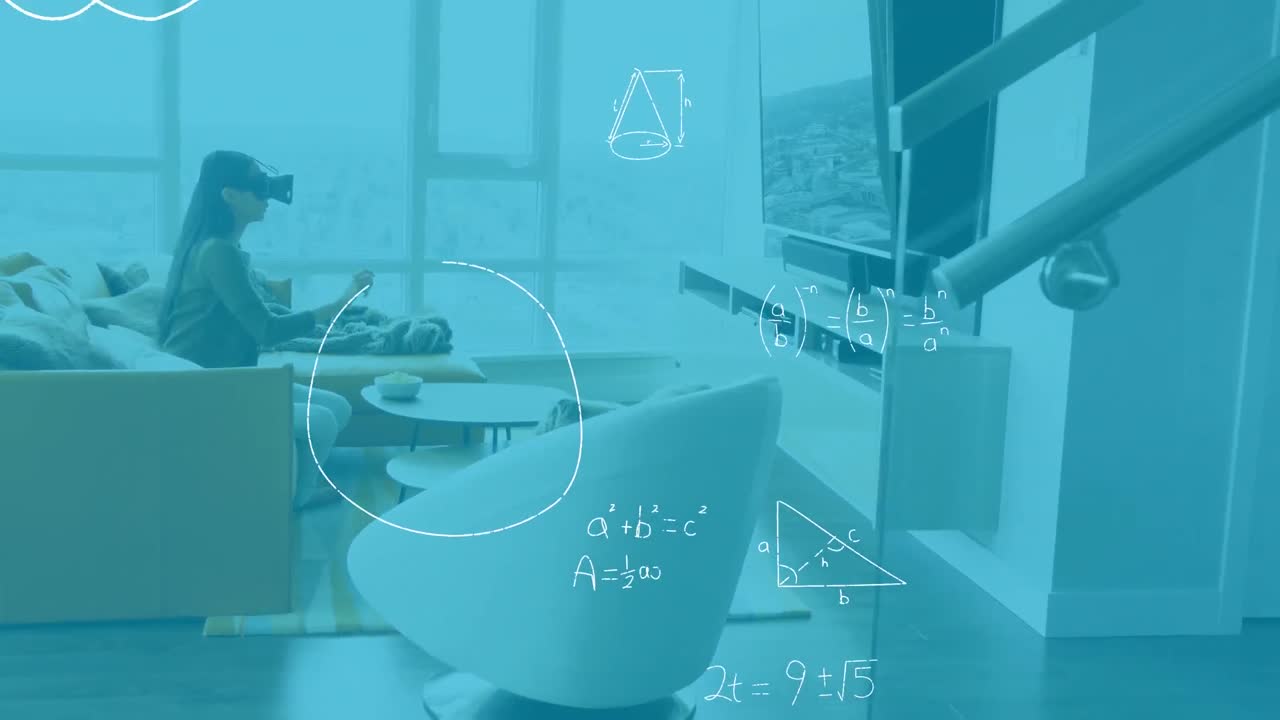 数学方程式の上にvrヘッドセットを着用した女性のアニメーション