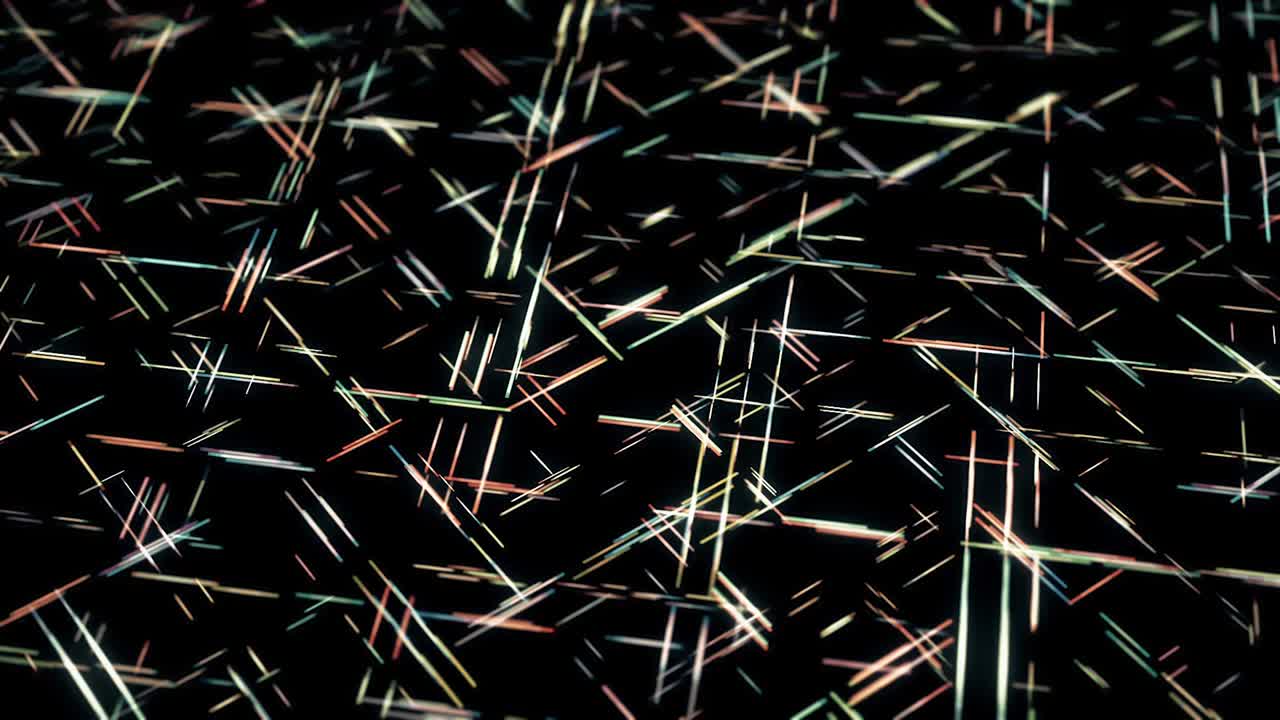 Geometric pattern with short neon lines moving fast one by one in diagonal direction. Animation. Narrow stripes crossing and flowing on black background, seamless loop