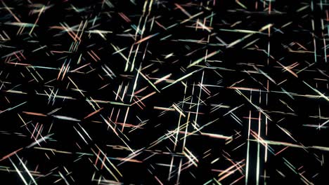 patrón geométrico con líneas cortas de neón que se mueven rápidamente una por una en dirección diagonal. animación. rayas estrechas que se cruzan y fluyen en fondo negro, bucle sin costuras