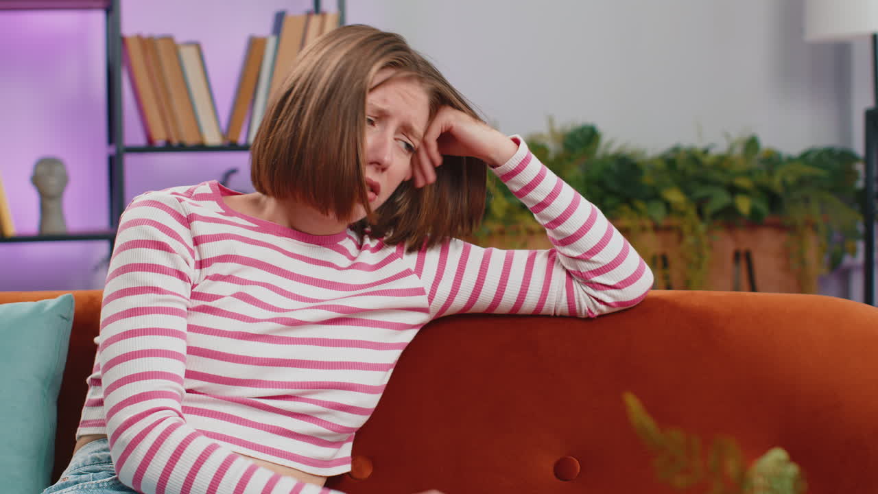 Woman girl at home suffers from unfair situation problem break up depressed feeling bad burnout