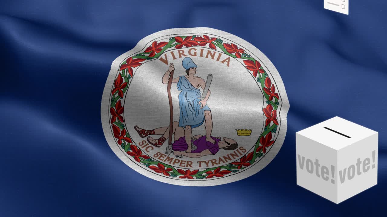 버지니아 주 - 투표용지가 버지니아 선택을 위해 상자에 날아갑니다 - 발 앞의 투표용지 - 선거 - 투표 - 국가 발 버지니아주 파동 패턴 루프 가능한 요소 - 직물 질감과 끝없는 루프 - 버지니아 주에서 루프 가능한 발