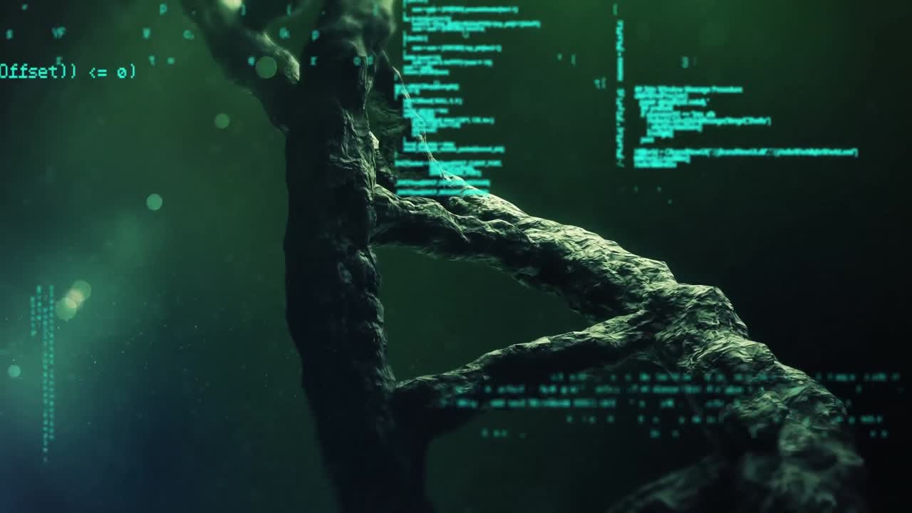 animación del procesamiento de datos sobre el hilado de cadenas de adn en 3d