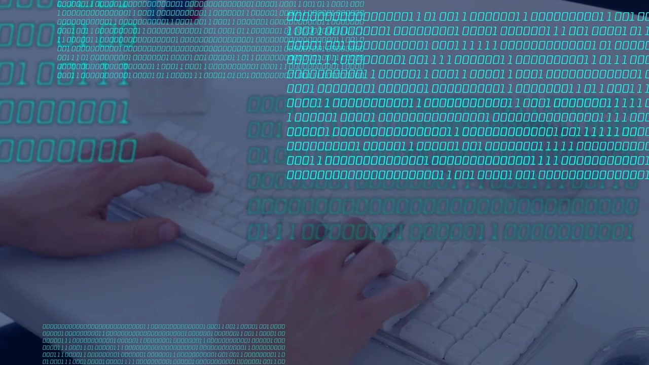 Hands typing, starting on first keystroke, teal binary overlays growing visualizing coding activity