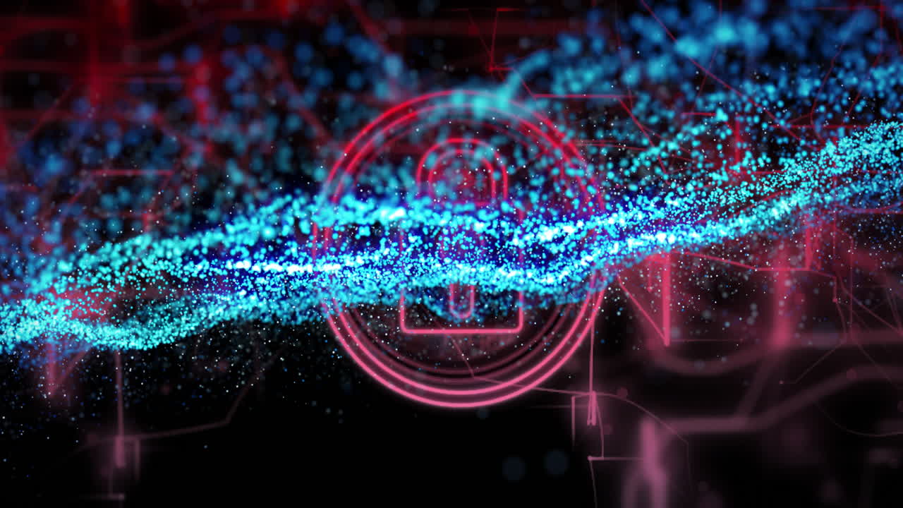 Animation of glowing blue particles swirling over red digital lock symbol