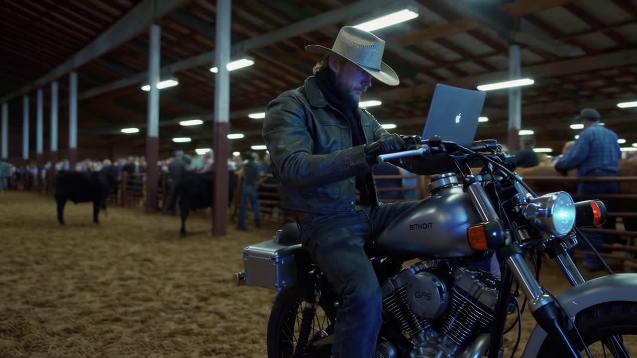 Man on Motorcycle at Cattle Auction