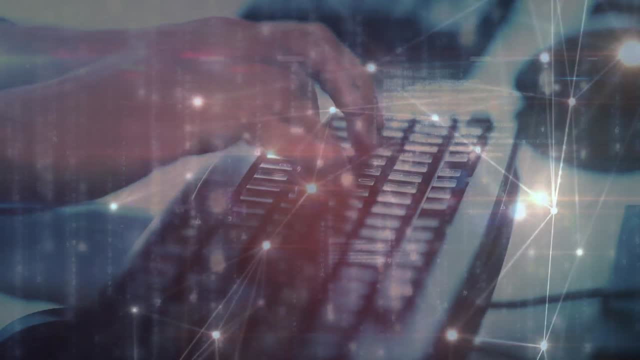 키보드에 글을 쓰는 백인 남자의 손을 통해 연결 네트워크의 애니메이션
