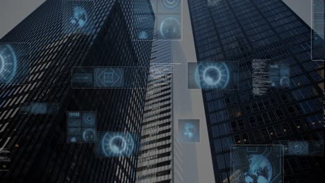 animación de escáneres redondos y procesamiento de datos contra vista de ángulo bajo de edificios altos