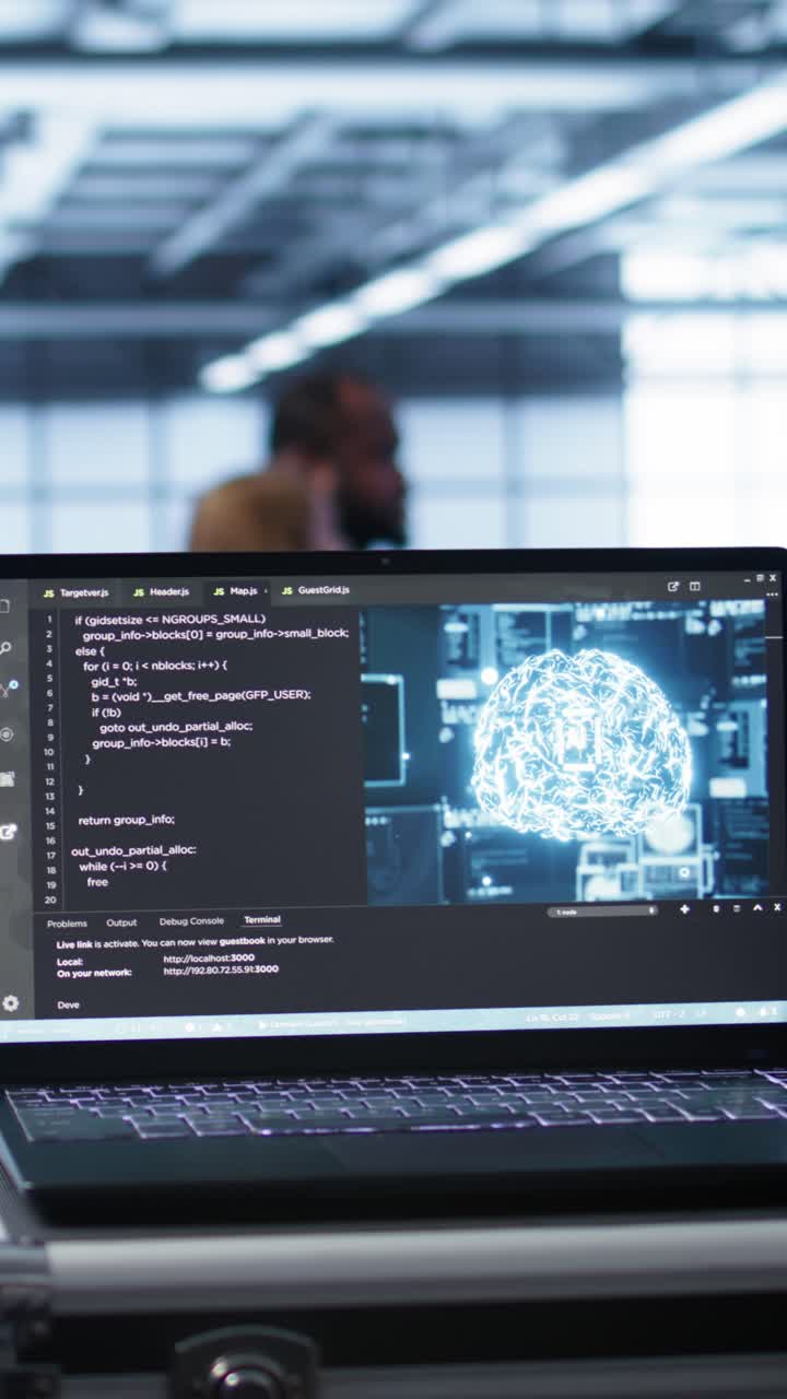 Laptop Screen Displaying Code and AI Brain Hologram