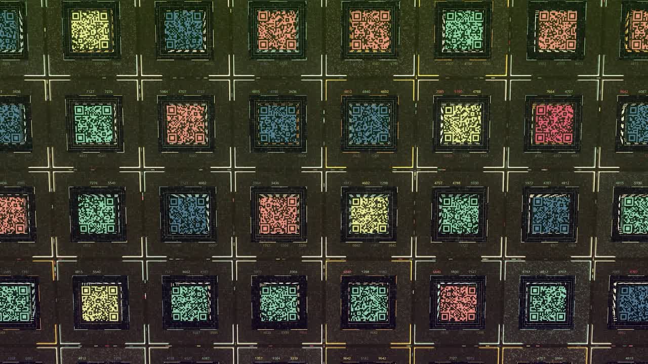 líneas paralelas abstractas de códigos qr de forma cuadrada que se mueven sobre un fondo verde oscuro. animación. concepto de información digital, bucle sin costuras.
