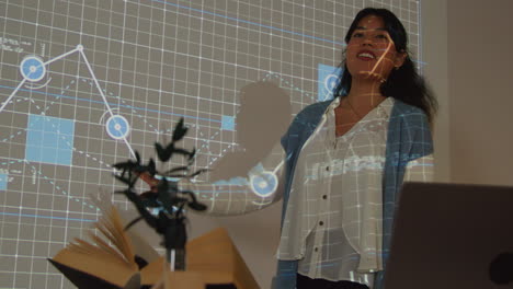 female teacher giving maths or science lesson in school standing at the front of class with projection of graph