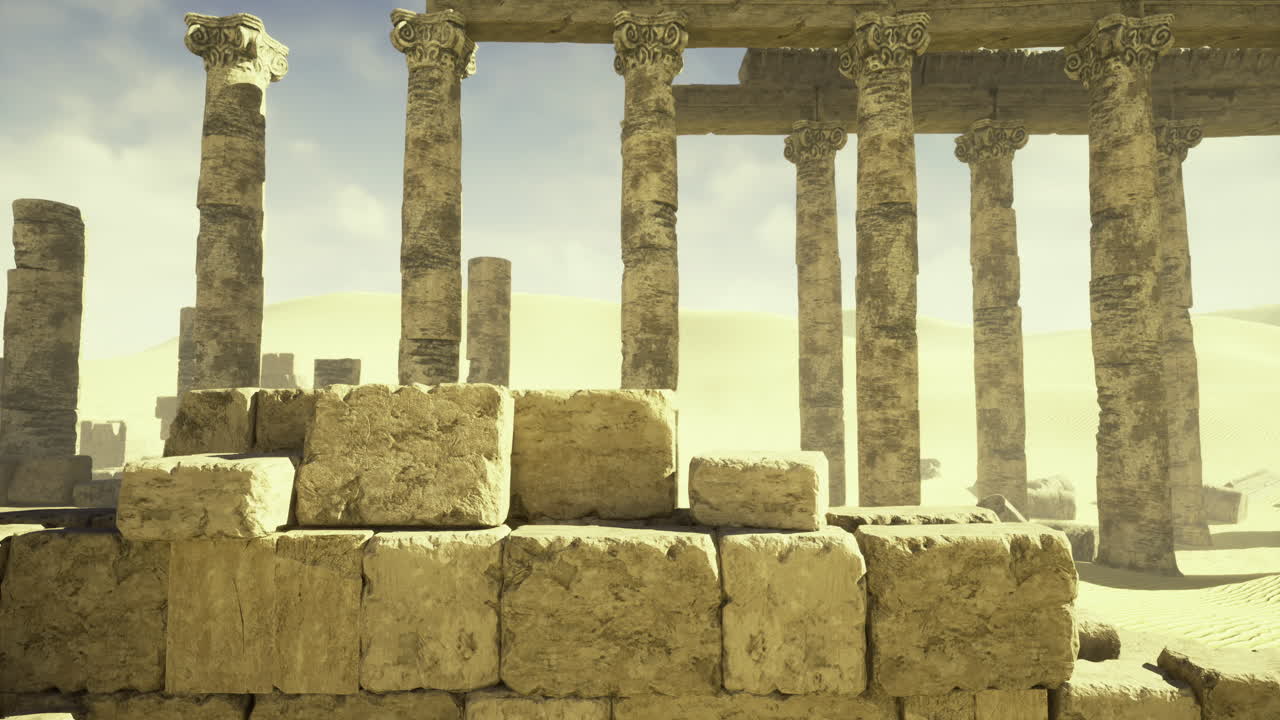Ancient ruins emerge from the desert sands under a bright sky