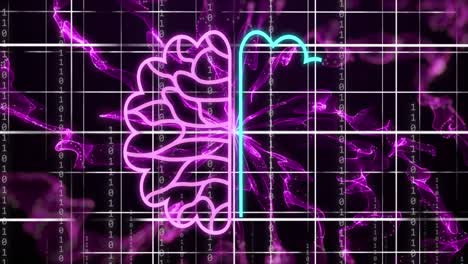 animation of ai icon and data processing over purple light trails and grid