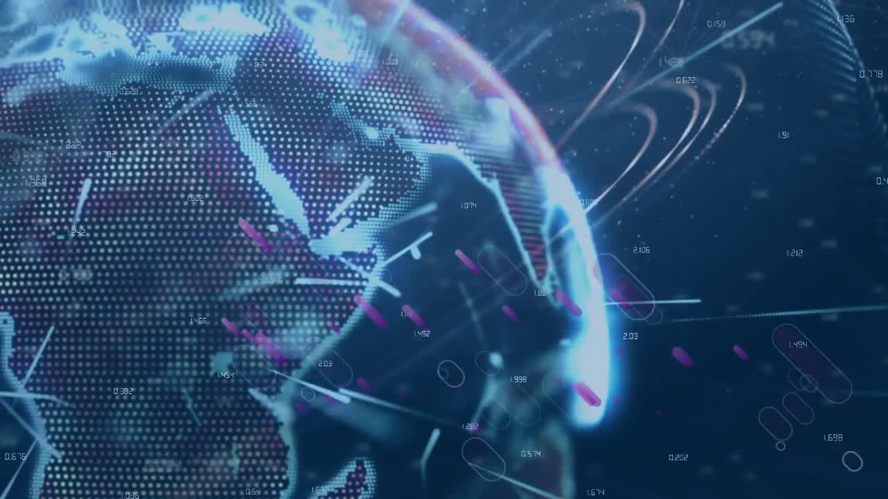 회전하는 지구 위에 떠다니는 분홍색 모양과 빛의 애니메이션