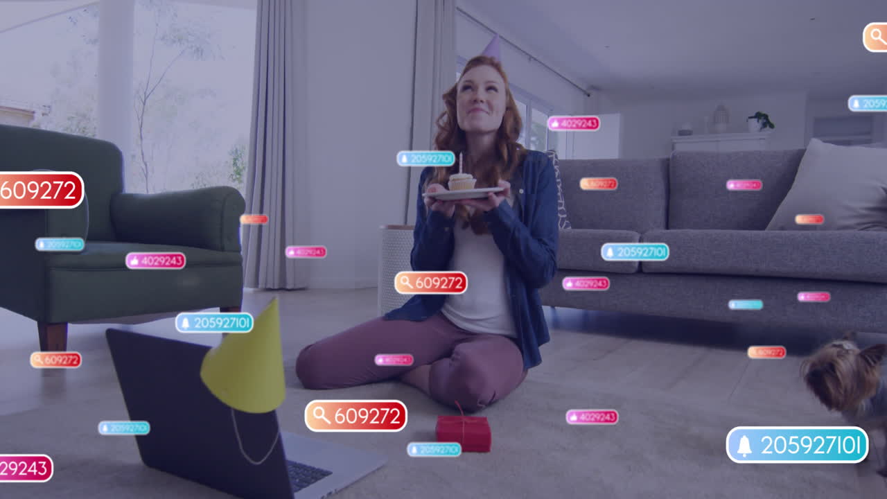 Woman sitting on floor enjoying coffee with colorful data animations around her