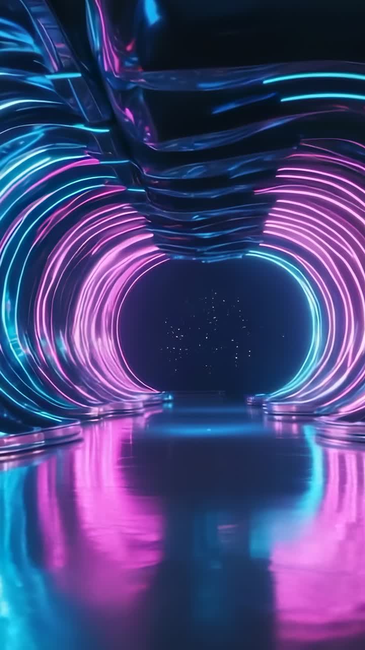 Vertical video: Initiating gliding in glowing corridor, pulsing neon rings and stars hinting exit