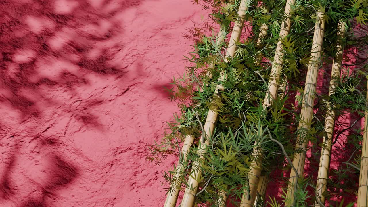 Bamboo stalks with green leaves arranged vertically on red textured lavender wall with natural shadows. Nature, zen decor and botanical background concept. composition with copy space