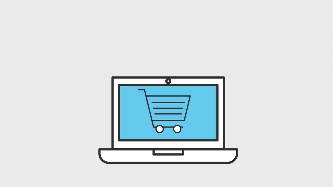 노트북은 동전 달러 쇼핑 카트와 선물 상자를 넣습니다.