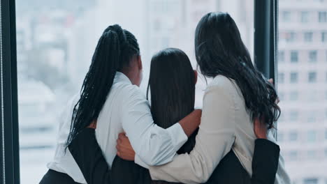 Office,-women-and-friends-hug-at-window