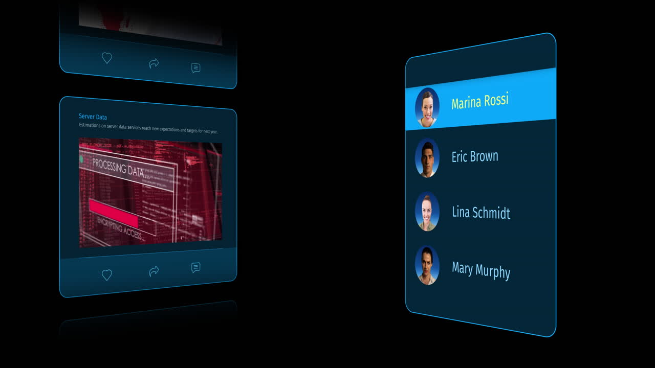 animación de la interfaz con las publicaciones de las redes sociales y los perfiles de las personas en fondo negro