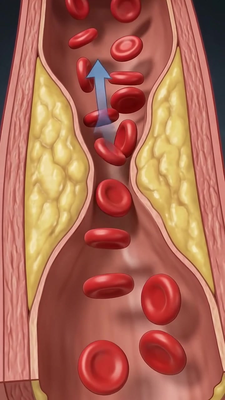 Animazione medica di placca di colesterolo che blocca il flusso sanguigno in un'arteria
