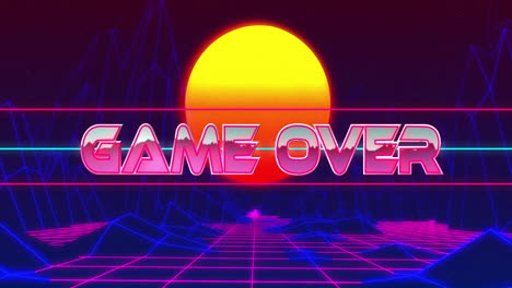 game over text animation over retro-futuristic cityscape with neon sunset