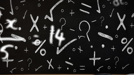 animación digital de elementos conceptuales escolares contra ecuaciones matemáticas contra un fondo negro