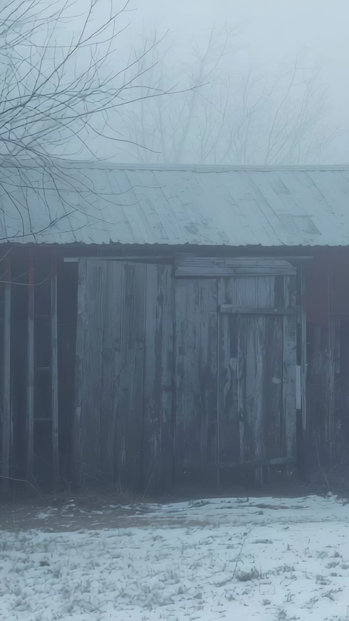 Vertical video: Drifting fog and breeze moving twigs by worn wooden shed at farm with snow patches