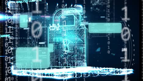 animation of online security padlock, data processing over binary coding