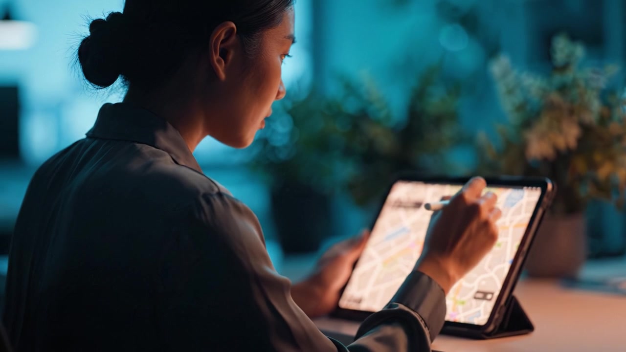 Focused individual engaged in digital mapping, using a tablet and stylus to create detailed street layouts in a serene workspace environment at night.