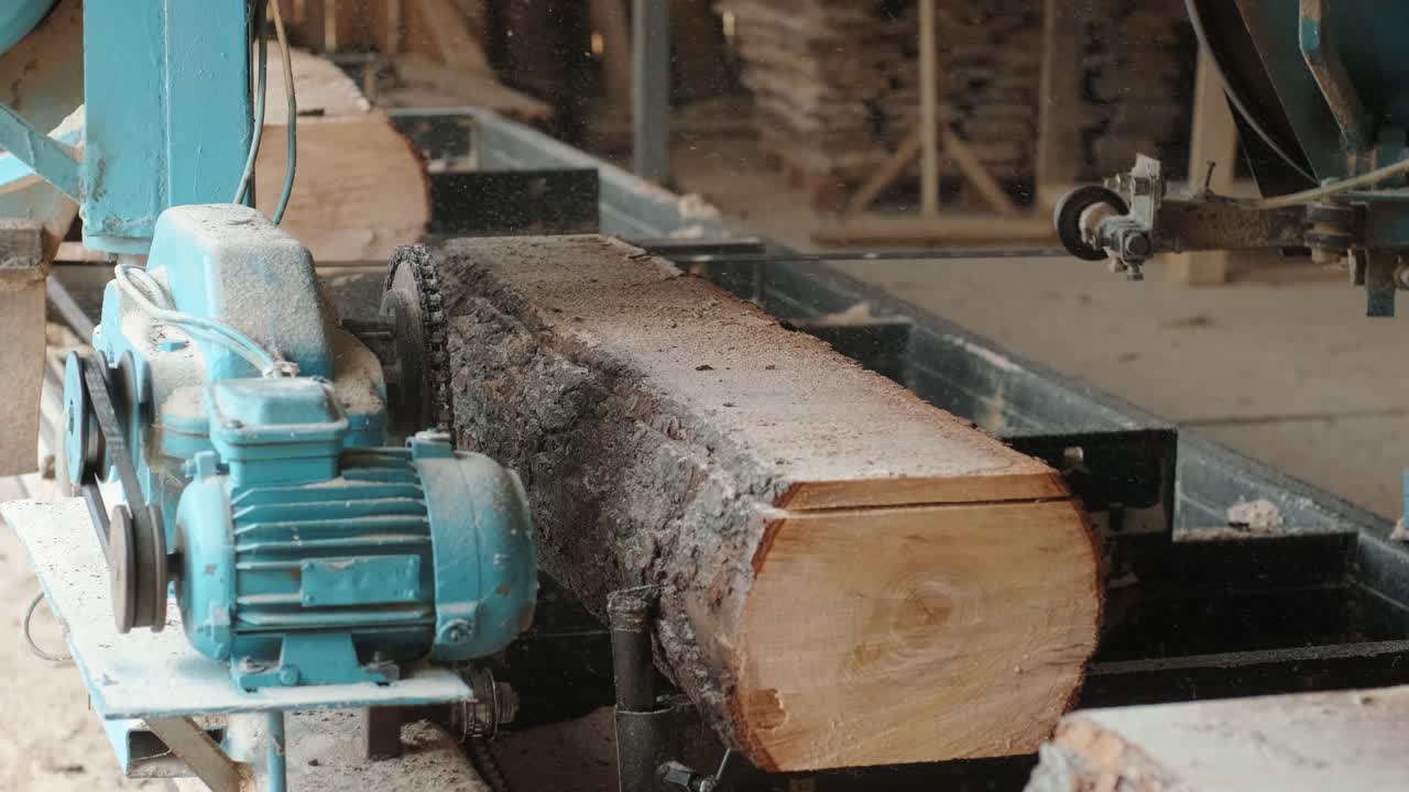 Closeup of cut pine tree log on sawing machine at wood production factory. Timber material processing and cutting at sawmill. Manufacturing process at lumber mill. Sawing woods on power machine