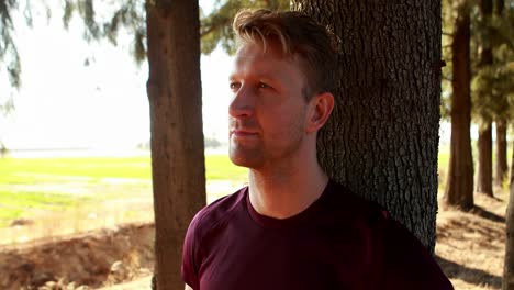 Thoughtful-man-leaning-on-tree-trunk-in-olive-farm