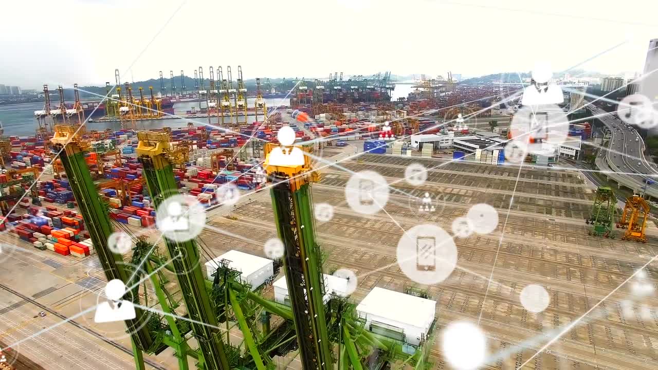 animación de la red de conexiones con iconos sobre el puerto