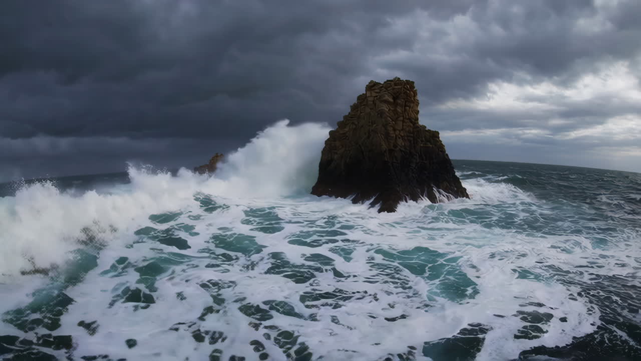 Powerful Waves Crashing Against Rocky Coastline During a Storm