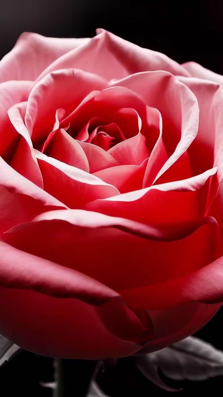 Video verticale: una rosa che sboccia passando dal grigio al rosso in studio, mostrando il bocciolo centrale e i petali