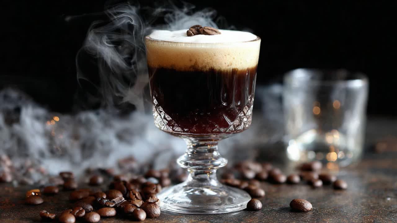 Elegant Glass of Dark Coffee with Frothy Cream and Coffee Beans, Surrounded by Gentle Steam and a Soft Focus on a Dark Background