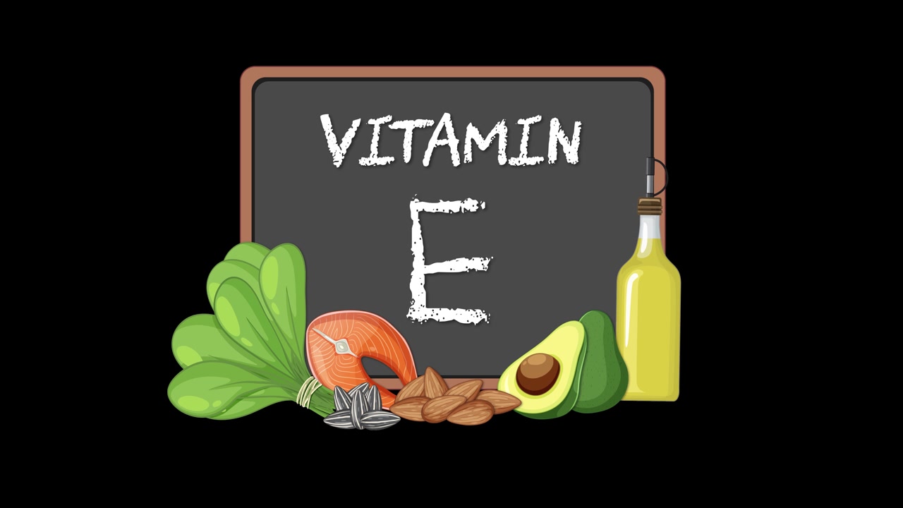 Siyah arka planda sağlıklı gıda simgelerinin kaydığı animasyonlu E vitamini kara tahtası