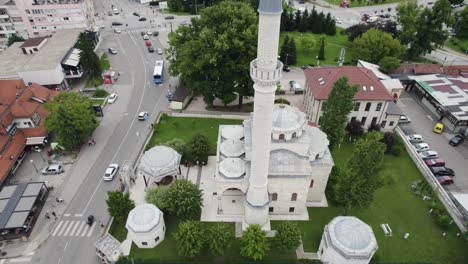 aerial: ferhadija mosque amidst urban banja luka streetscape