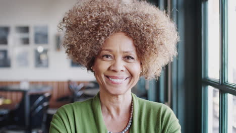 portrait of smiling senior woman sitting in restaurant