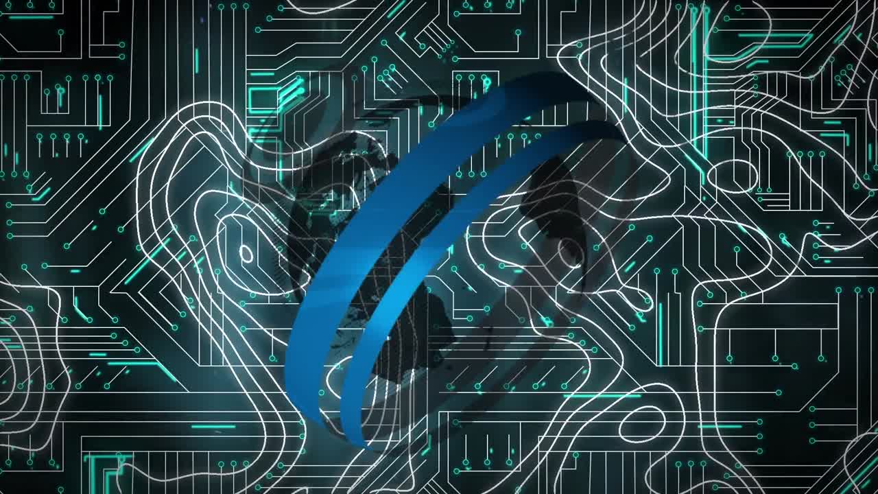 Animation of circles over globe, abstract pattern over illuminated circuit board in background