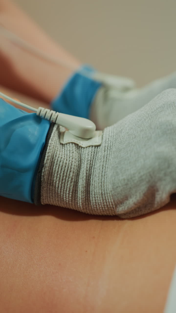 Massaggio addominale a microcorrente con mani guantate dell'estetista, delicati elettrodi adesivi applicati sulla pelle del cliente, clinico che usa un guanto morbido per un contorno e una tonificazione mirati, lievi impulsi elettrici.