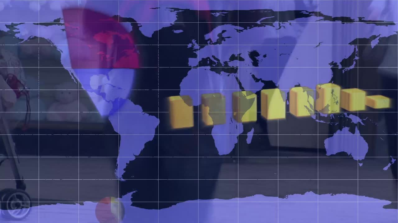 금융 데이터 처리의 애니메이션과  ⁇ 는 사람들 위의 세계 지도