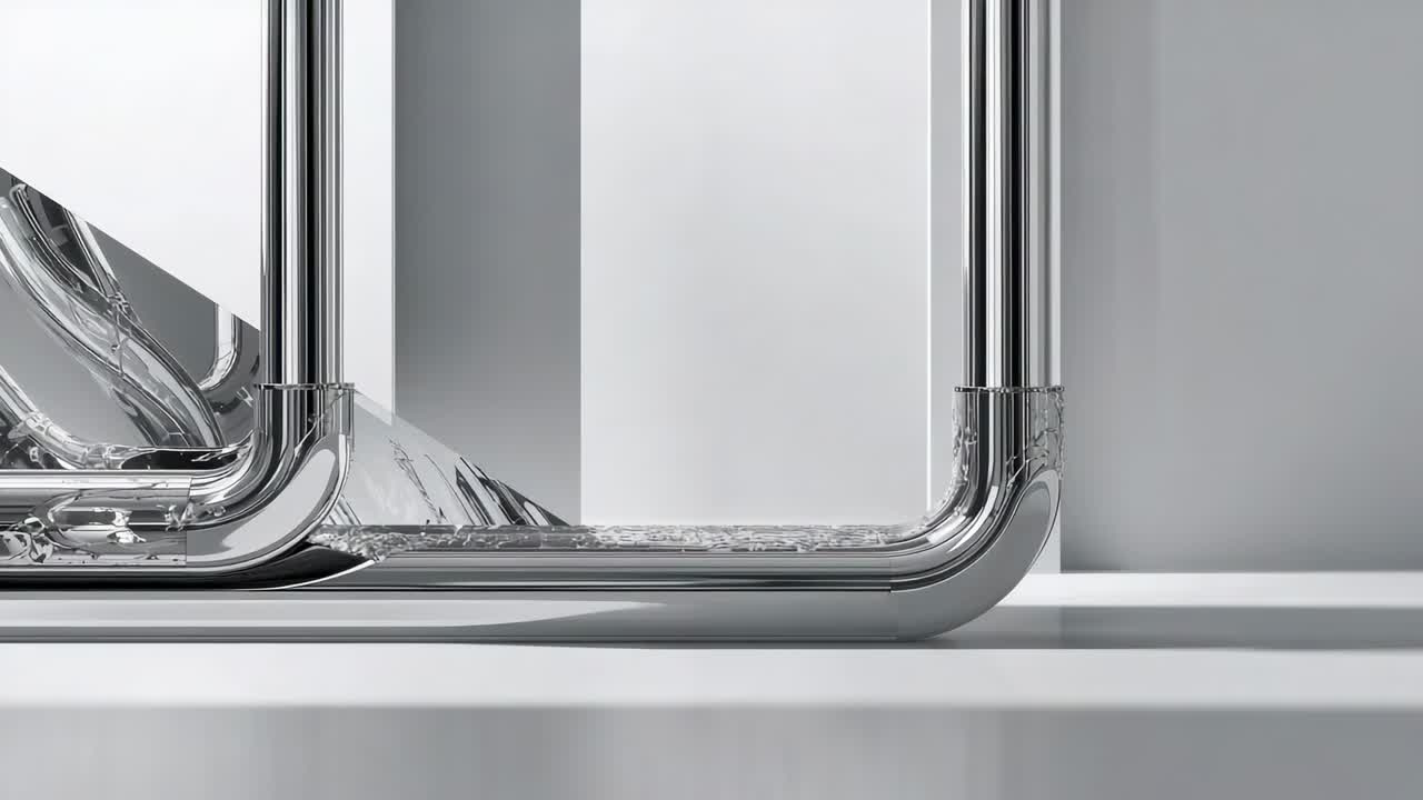 Showing polished chrome U frame after shift, moving clear liquid with bubbles rightward on pedestal