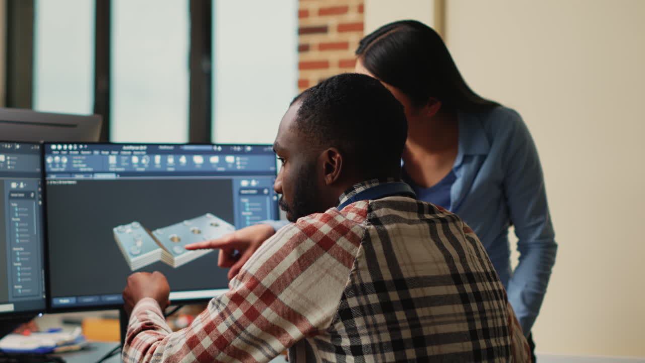 Artistic digital technicians talking about machine development