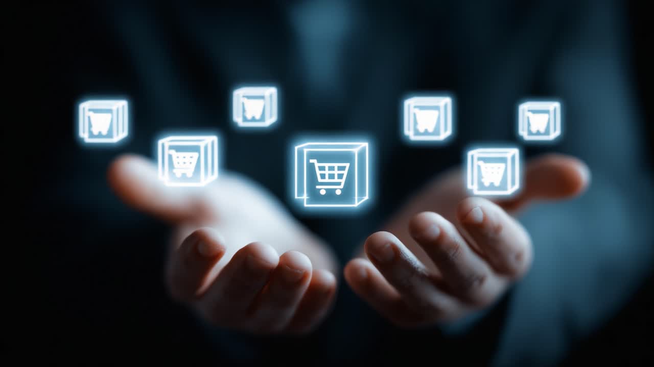 Innovative Shopping Experience: Digital Cart Icons Floating Above Hands, Showcasing Future of E-commerce and Interactive Retail Technology