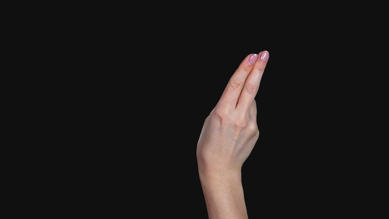 Set of 9 different pre keyed chroma key transparent two finger swipe gestures fast and slow on greenscreen womans hand